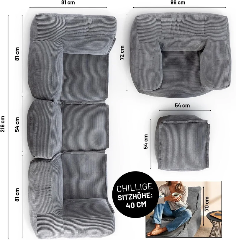 Lumaland Modulares Cord Sitzsack Sofa Set – Bean Bag Module mit EPS-Füllung, Weich, Indoor, Modernh