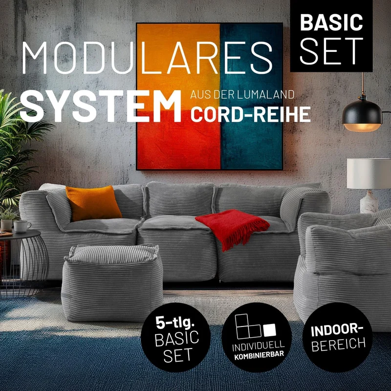 Lumaland Modulares Cord Sitzsack Sofa Set – Bean Bag Module mit EPS-Füllung, Weich, Indoor, Modernh