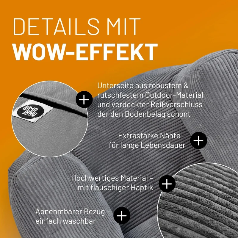 Lumaland Modulares Cord Sitzsack Sofa Set – Bean Bag Module mit EPS-Füllung, Weich, Indoor, Modernh