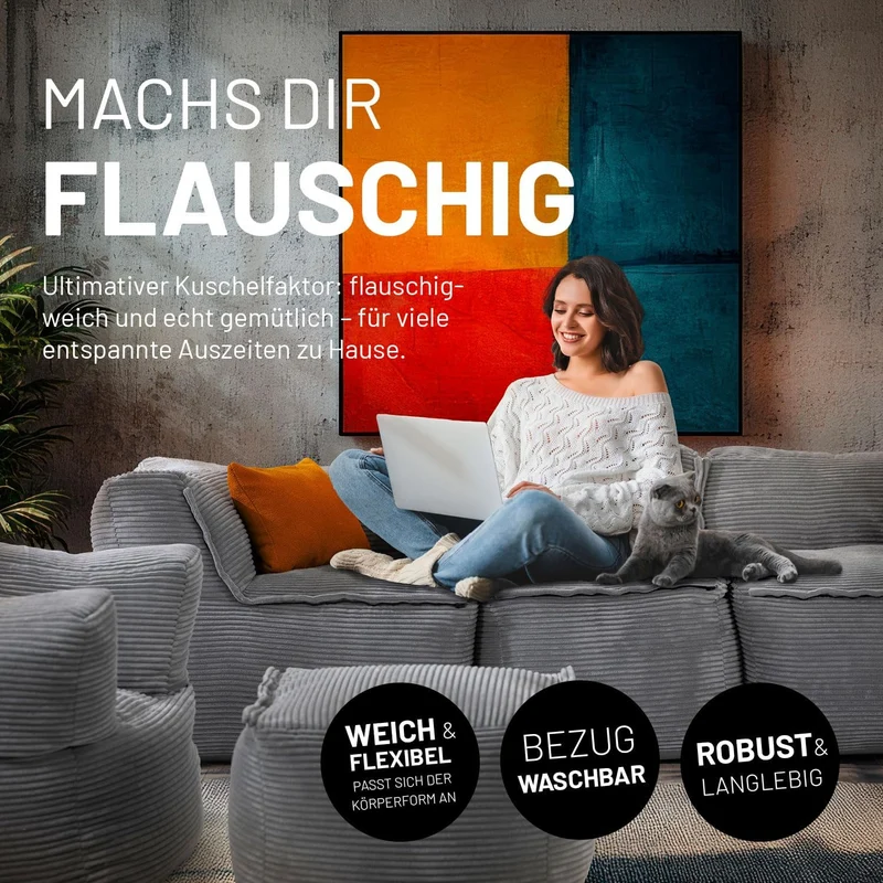 Lumaland Modulares Cord Sitzsack Sofa Set – Bean Bag Module mit EPS-Füllung, Weich, Indoor, Modernh