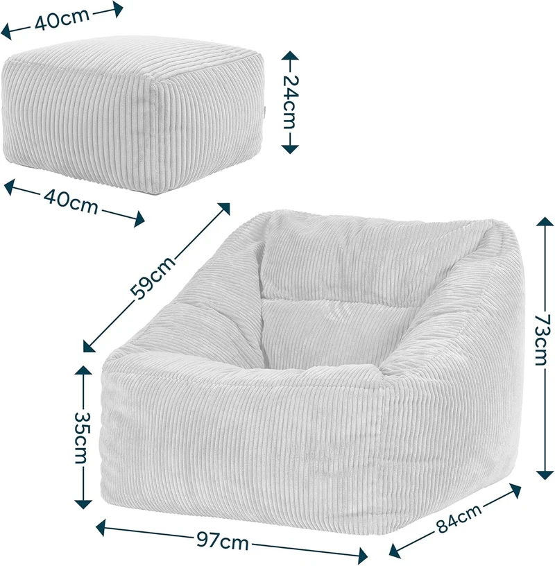 Icon Natalia Sitzsack Sessel mit Hocker Beige – Flauschiger Cord, Bean Bag Chair für Wohnzimmer & Büroh