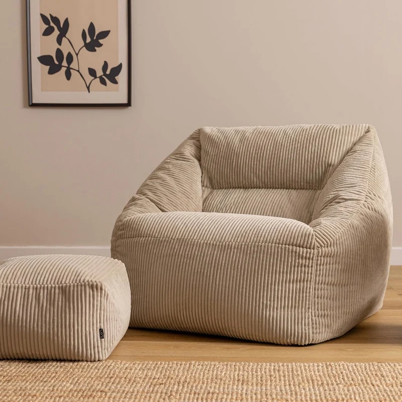Icon Natalia Sitzsack Sessel mit Hocker Beige – Flauschiger Cord, Bean Bag Chair für Wohnzimmer & Büroh
