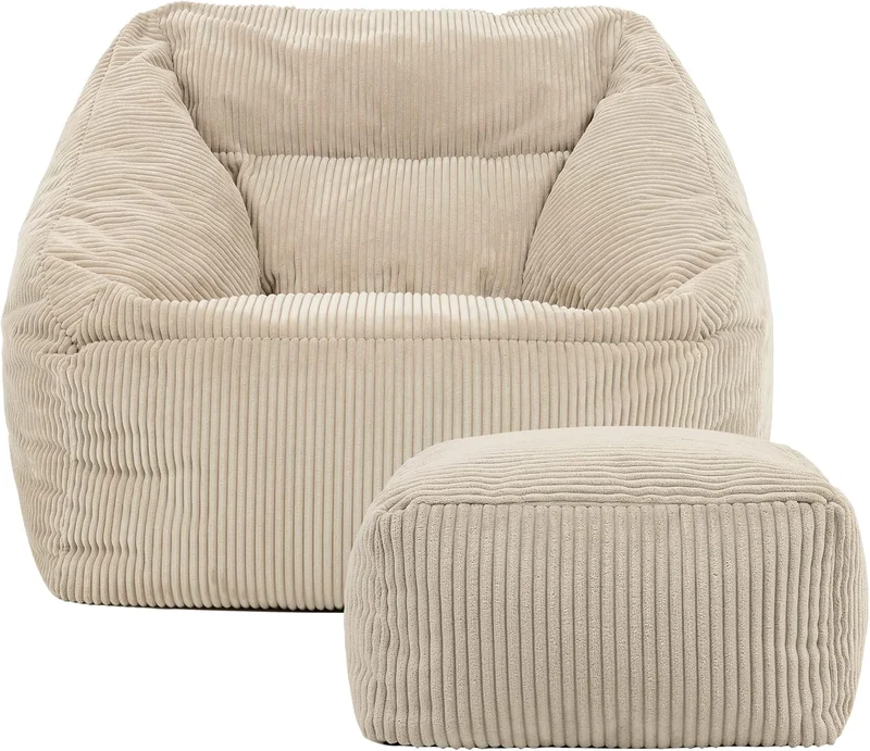 Icon Natalia Sitzsack Sessel mit Hocker Beige – Flauschiger Cord, Bean Bag Chair für Wohnzimmer & Büroh