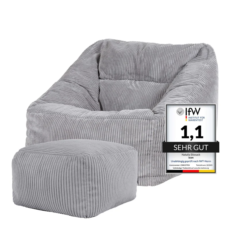 Icon Natalia Sitzsack Sessel mit Hocker Beige – Flauschiger Cord, Bean Bag Chair für Wohnzimmer & Büroh