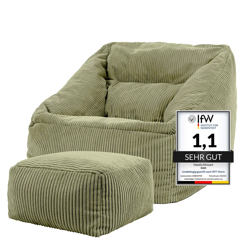 Icon Natalia Sitzsack Sessel mit Hocker Beige – Flauschiger Cord, Bean Bag Chair für Wohnzimmer & Büroh