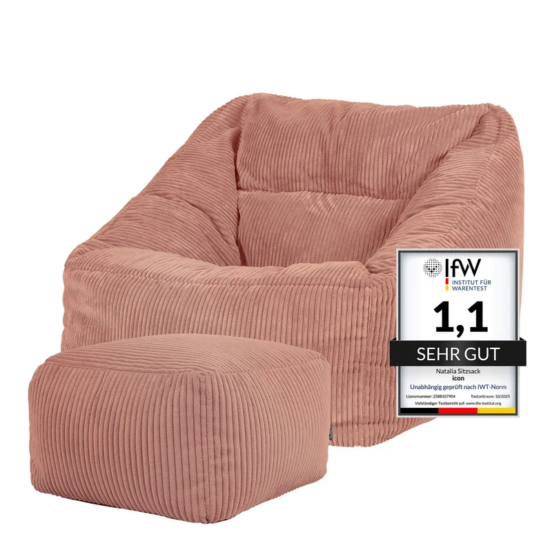 Icon Natalia Sitzsack Sessel mit Hocker Beige – Flauschiger Cord, Bean Bag Chair für Wohnzimmer & Büroh