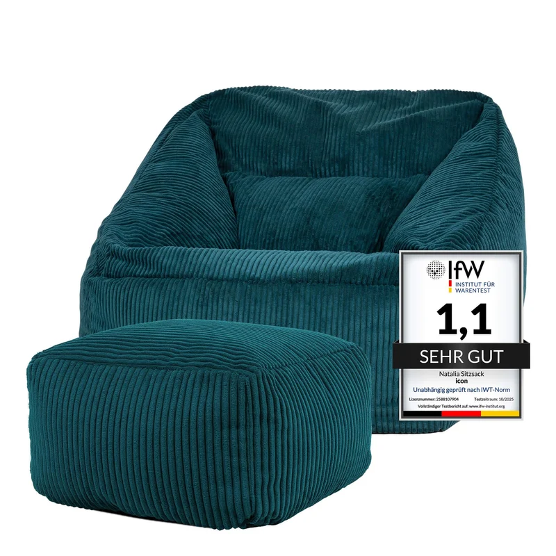 Icon Natalia Sitzsack Sessel mit Hocker Beige – Flauschiger Cord, Bean Bag Chair für Wohnzimmer & Büroh