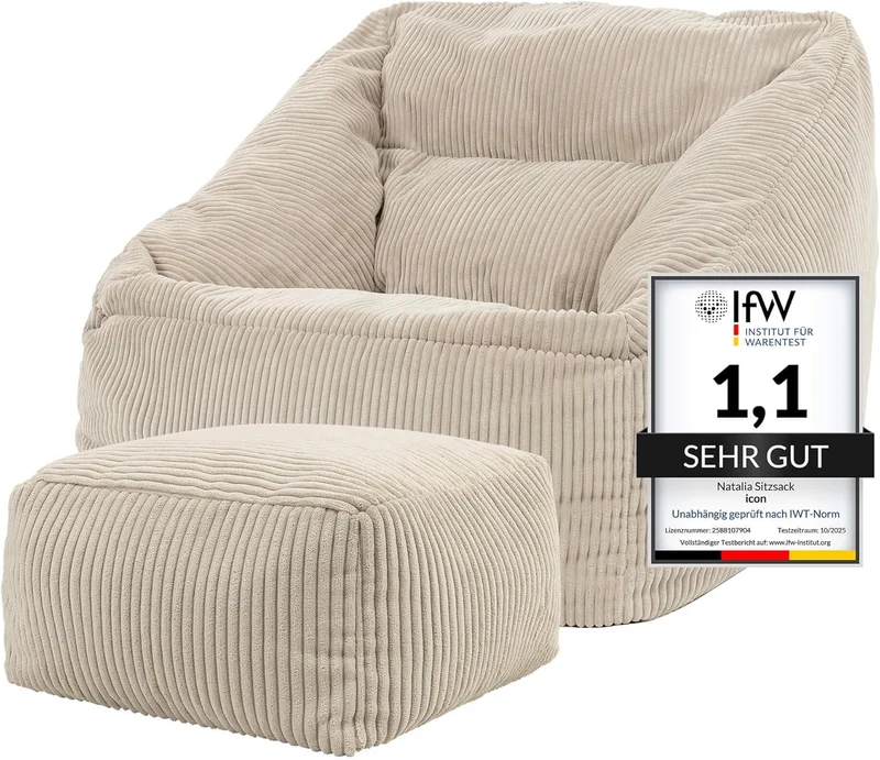 Icon Natalia Sitzsack Sessel mit Hocker Beige – Flauschiger Cord, Bean Bag Chair für Wohnzimmer & Büroh
