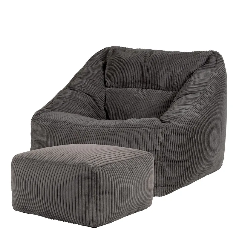 Icon Natalia Sitzsack Sessel mit Hocker Beige – Flauschiger Cord, Bean Bag Chair für Wohnzimmer & Büroh