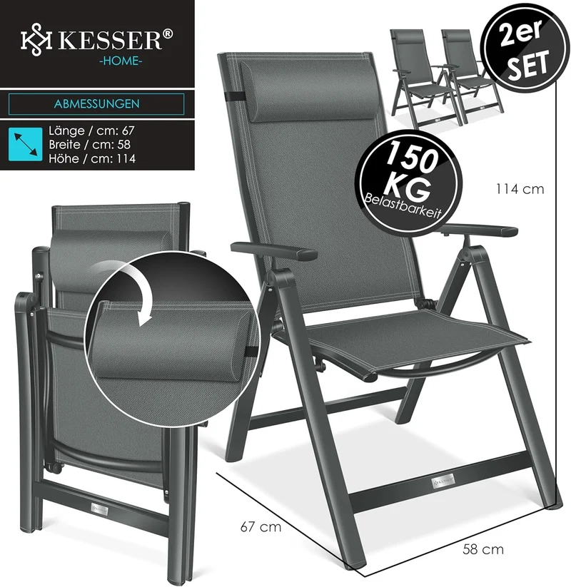 KESSER Gartenstuhl Hochlehner – Klappstuhl Aluminium, Wetterfest, Mit Kopfkissen, Outdoorh