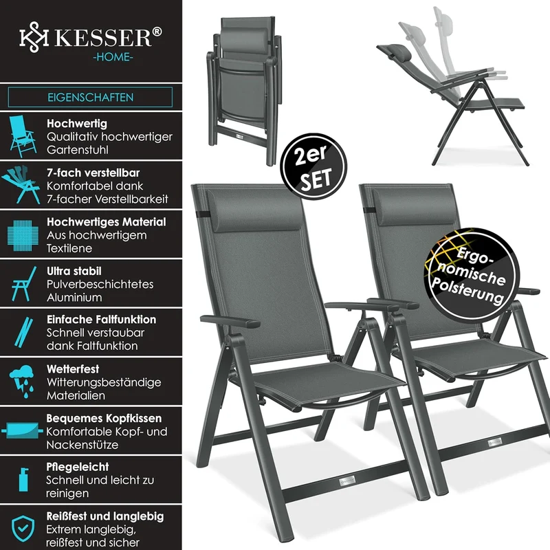 KESSER Gartenstuhl Hochlehner – Klappstuhl Aluminium, Wetterfest, Mit Kopfkissen, Outdoorh