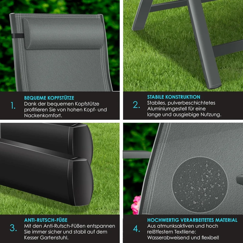 KESSER Gartenstuhl Hochlehner – Klappstuhl Aluminium, Wetterfest, Mit Kopfkissen, Outdoorh