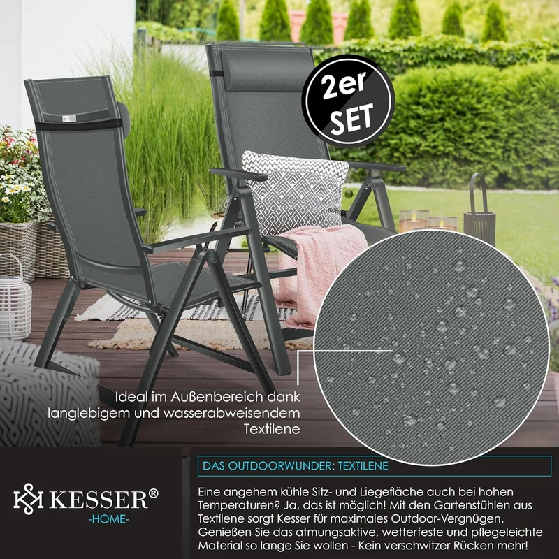 KESSER Gartenstuhl Hochlehner – Klappstuhl Aluminium, Wetterfest, Mit Kopfkissen, Outdoorh