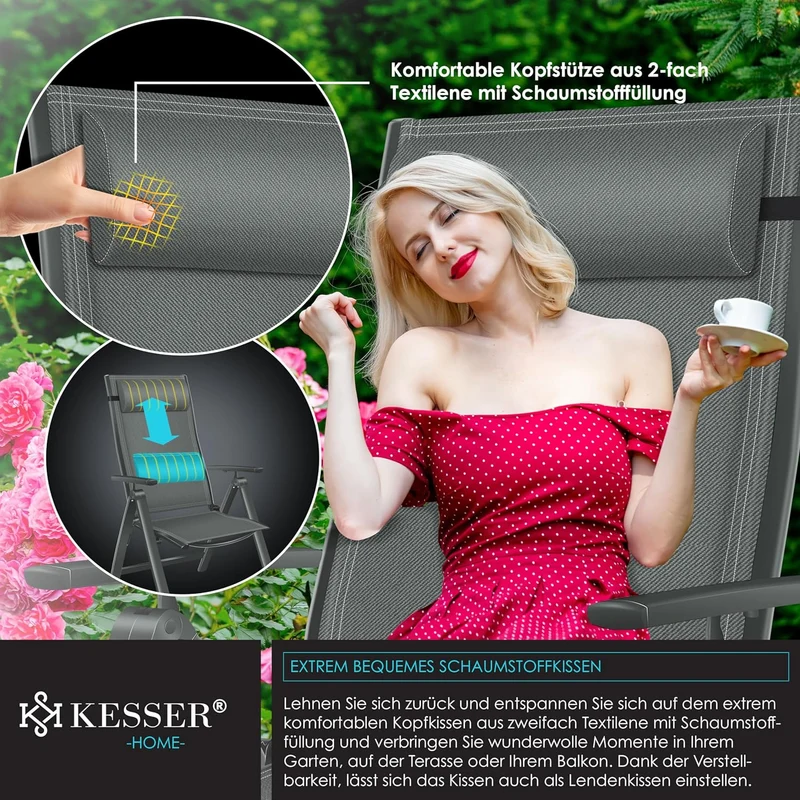 KESSER Gartenstuhl Hochlehner – Klappstuhl Aluminium, Wetterfest, Mit Kopfkissen, Outdoorh