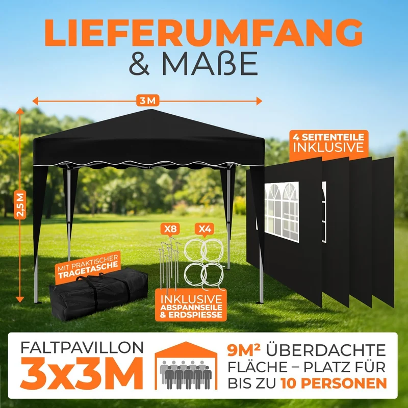 Kronenburg Faltpavillon Pop-Up Pavillon – UV50+, Wasserdicht, Mit Seitenteilenh