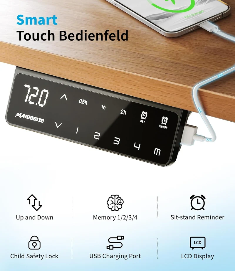 MAIDeSITe T2 Pro Plus Höhenverstellbarer Schreibtisch elektrisch mit Dual-Motor, 4 Memory-Steuerung, Sitz-Steh-Erinnerung, 100–220 cm Tischplatteh