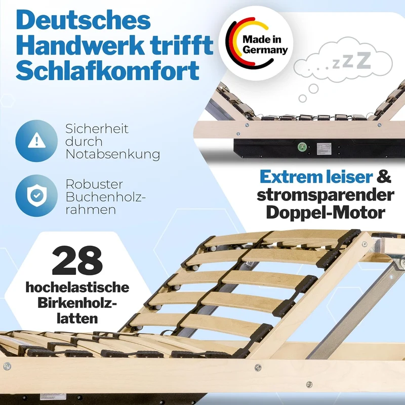 RehaSleep Komfort Lattenrost elektrisch verstellbar, Birkenholz, Made in Germanyh
