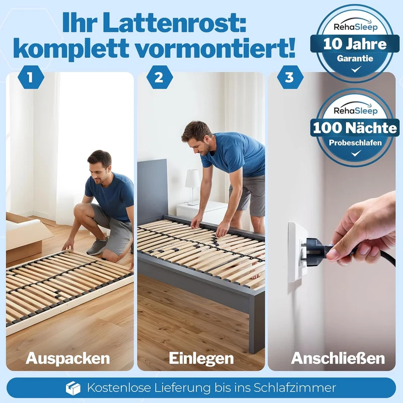 RehaSleep Komfort Lattenrost elektrisch verstellbar, Birkenholz, Made in Germanyh