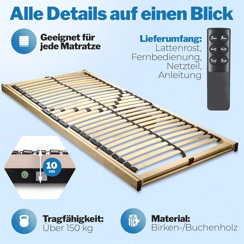 RehaSleep Komfort Lattenrost elektrisch verstellbar, Birkenholz, Made in Germanyh