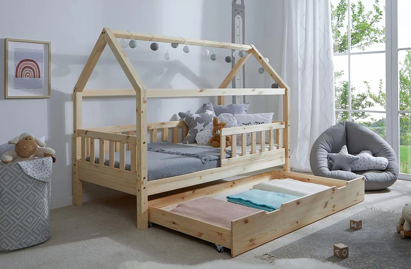 TiCAA Kinderbett Hausbett aus Kiefer Massivholz – mit Schubladen, Rausfallschutz und Rolllattenrosth