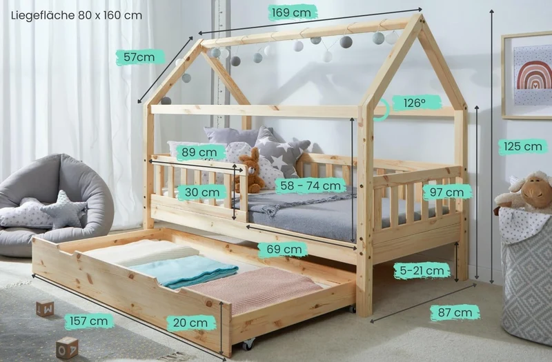 TiCAA Kinderbett Hausbett aus Kiefer Massivholz – mit Schubladen, Rausfallschutz und Rolllattenrosth