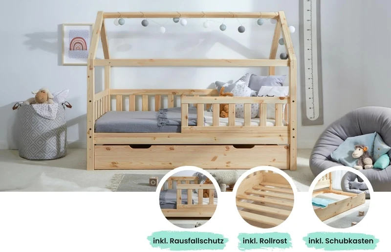 TiCAA Kinderbett Hausbett aus Kiefer Massivholz – mit Schubladen, Rausfallschutz und Rolllattenrosth