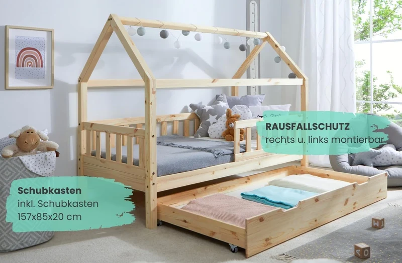 TiCAA Kinderbett Hausbett aus Kiefer Massivholz – mit Schubladen, Rausfallschutz und Rolllattenrosth