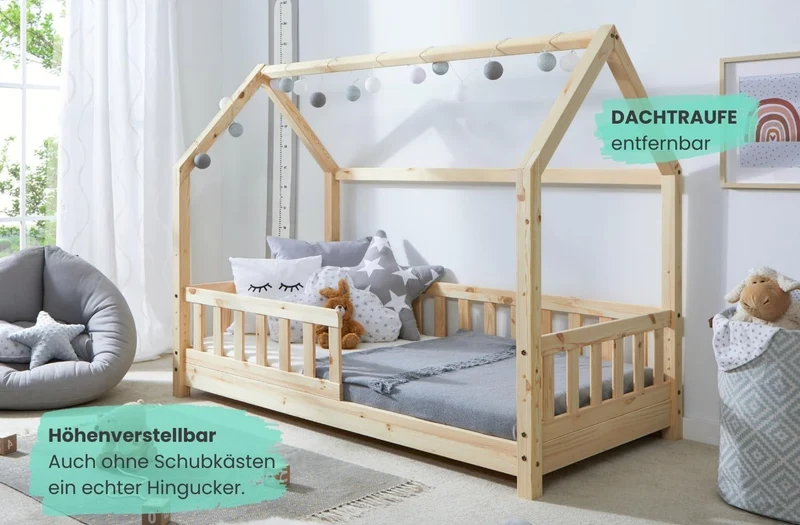 TiCAA Kinderbett Hausbett aus Kiefer Massivholz – mit Schubladen, Rausfallschutz und Rolllattenrosth