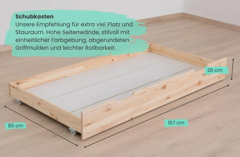 TiCAA Kinderbett Hausbett aus Kiefer Massivholz – mit Schubladen, Rausfallschutz und Rolllattenrosth