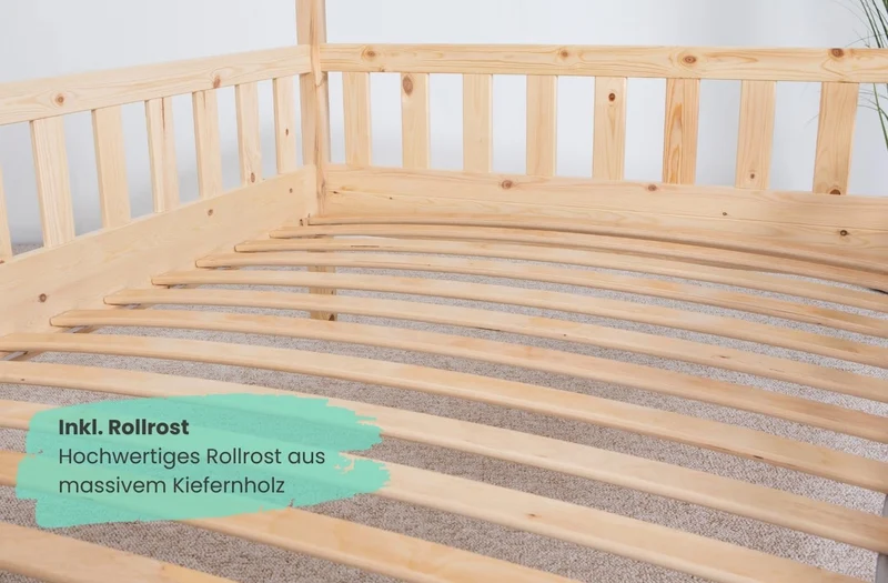 TiCAA Kinderbett Hausbett aus Kiefer Massivholz – mit Schubladen, Rausfallschutz und Rolllattenrosth