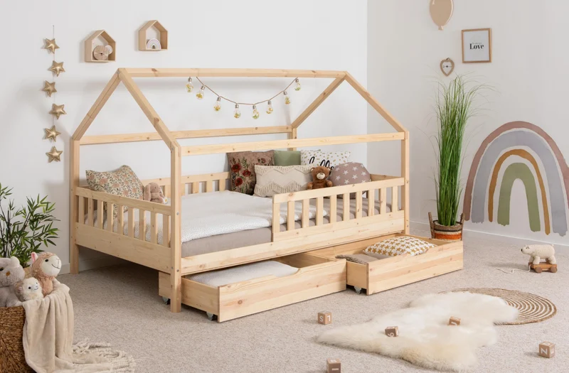 TiCAA Kinderbett Hausbett aus Kiefer Massivholz – mit Schubladen, Rausfallschutz und Rolllattenrosth