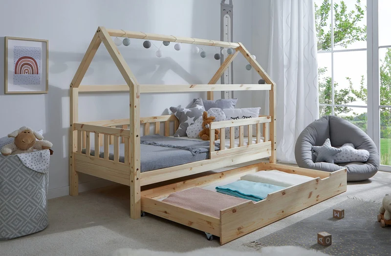 TiCAA Kinderbett Hausbett aus Kiefer Massivholz – mit Schubladen, Rausfallschutz und Rolllattenrosth