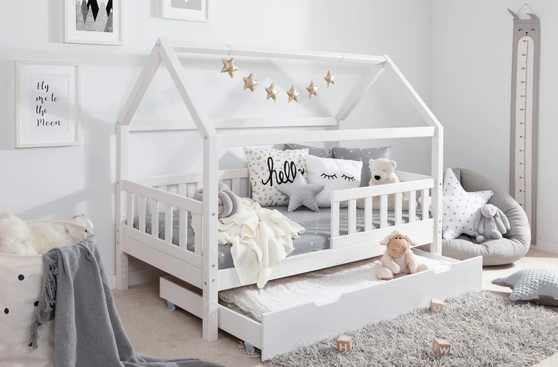 TiCAA Kinderbett Hausbett aus Kiefer Massivholz – mit Schubladen, Rausfallschutz und Rolllattenrosth