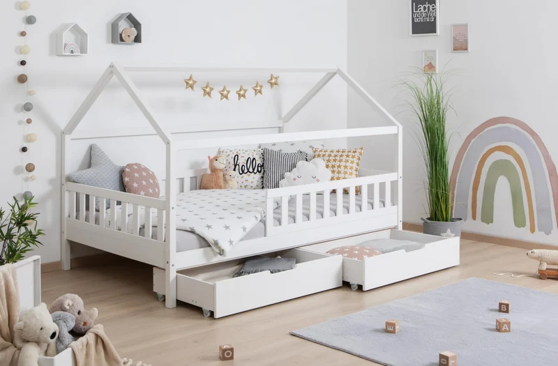 TiCAA Kinderbett Hausbett aus Kiefer Massivholz – mit Schubladen, Rausfallschutz und Rolllattenrosth