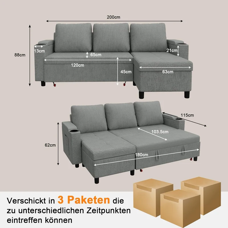Devoko Ecksofa L-Form Hellgrau – Schlafsofa ausziehbar mit Stauraum & Bettkastenh