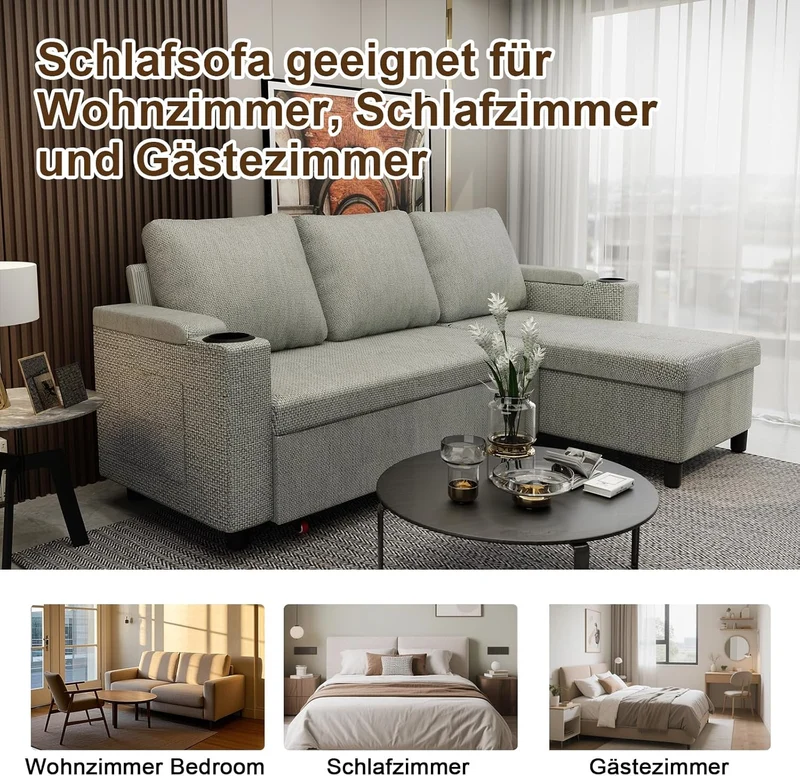 Devoko Ecksofa L-Form Hellgrau – Schlafsofa ausziehbar mit Stauraum & Bettkastenh
