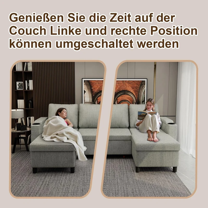 Devoko Ecksofa L-Form Hellgrau – Schlafsofa ausziehbar mit Stauraum & Bettkastenh