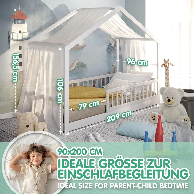 CADANI Malte Kinderbett Montessori Bodenbett Massivholz Kiefer mit Rausfallschutz und Roll-Lattenrost, Skandinavisches Hausbett für Kinderh