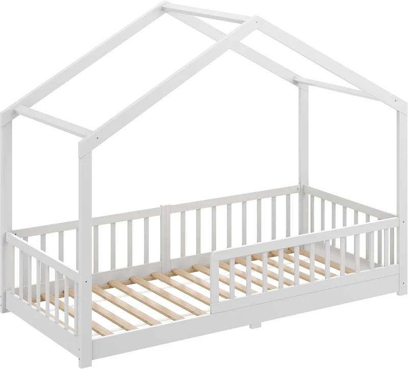 CADANI Malte Kinderbett Montessori Bodenbett Massivholz Kiefer mit Rausfallschutz und Roll-Lattenrost, Skandinavisches Hausbett für Kinderh