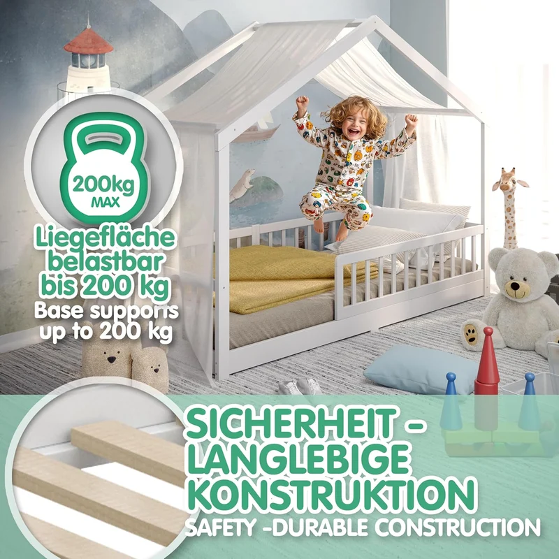 CADANI Malte Kinderbett Montessori Bodenbett Massivholz Kiefer mit Rausfallschutz und Roll-Lattenrost, Skandinavisches Hausbett für Kinderh
