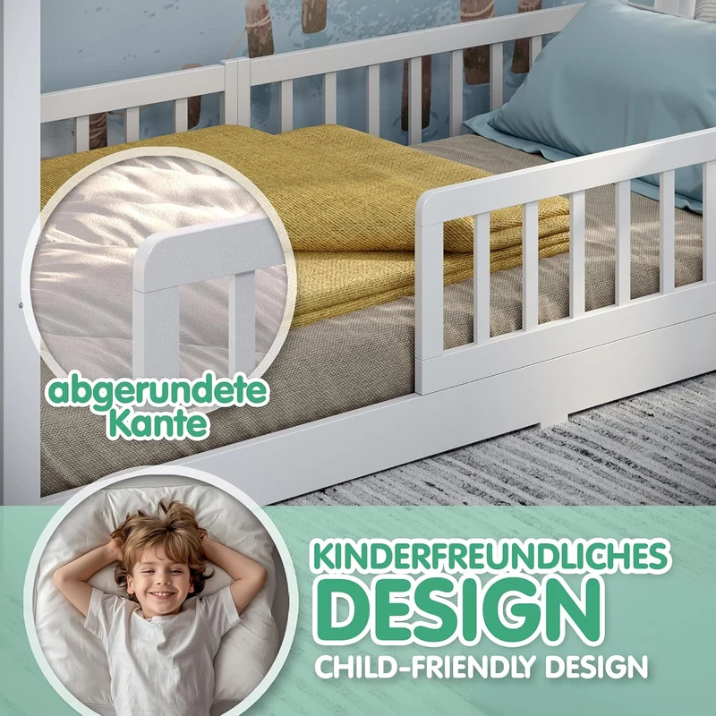 CADANI Malte Kinderbett Montessori Bodenbett Massivholz Kiefer mit Rausfallschutz und Roll-Lattenrost, Skandinavisches Hausbett für Kinderh