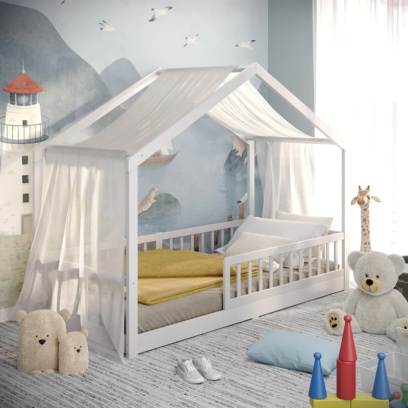 CADANI Malte Kinderbett Montessori Bodenbett Massivholz Kiefer mit Rausfallschutz und Roll-Lattenrost, Skandinavisches Hausbett für Kinderh