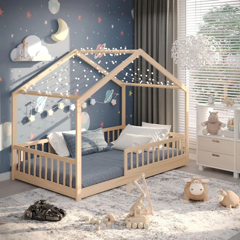 CADANI Malte Kinderbett Montessori Bodenbett Massivholz Kiefer mit Rausfallschutz und Roll-Lattenrost, Skandinavisches Hausbett für Kinderh