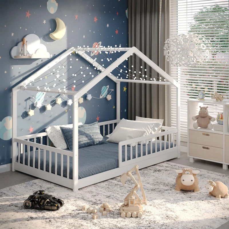 CADANI Malte Kinderbett Montessori Bodenbett Massivholz Kiefer mit Rausfallschutz und Roll-Lattenrost, Skandinavisches Hausbett für Kinderh