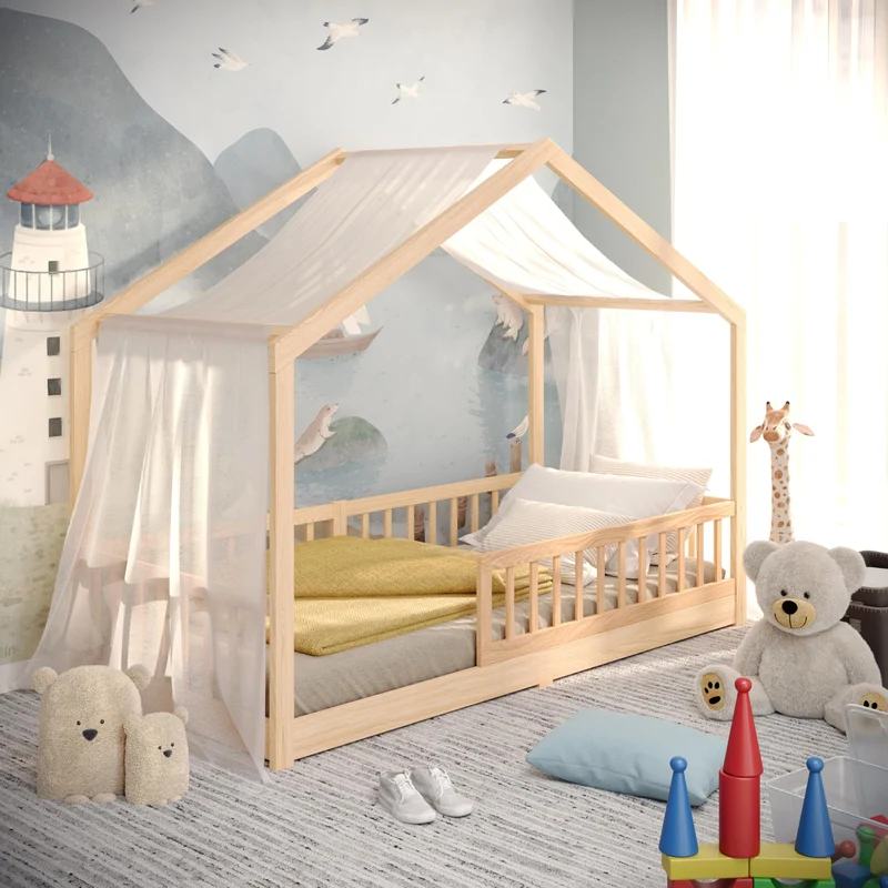 CADANI Malte Kinderbett Montessori Bodenbett Massivholz Kiefer mit Rausfallschutz und Roll-Lattenrost, Skandinavisches Hausbett für Kinderh