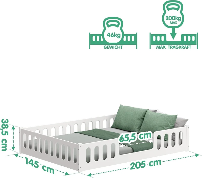 CADANI Monte Montessori Bodenbett Kinderbett mit Rausfallschutz, umbaubar, Massivholz, Roll-Lattenrost, weißh