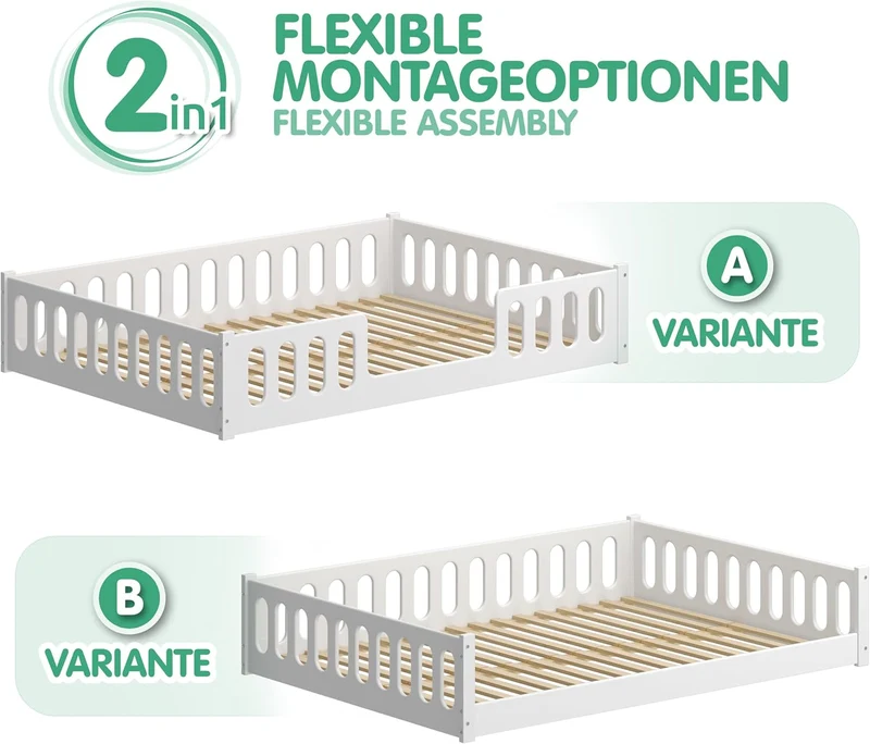 CADANI Monte Montessori Bodenbett Kinderbett mit Rausfallschutz, umbaubar, Massivholz, Roll-Lattenrost, weißh