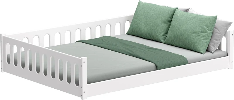 CADANI Monte Montessori Bodenbett Kinderbett mit Rausfallschutz, umbaubar, Massivholz, Roll-Lattenrost, weißh