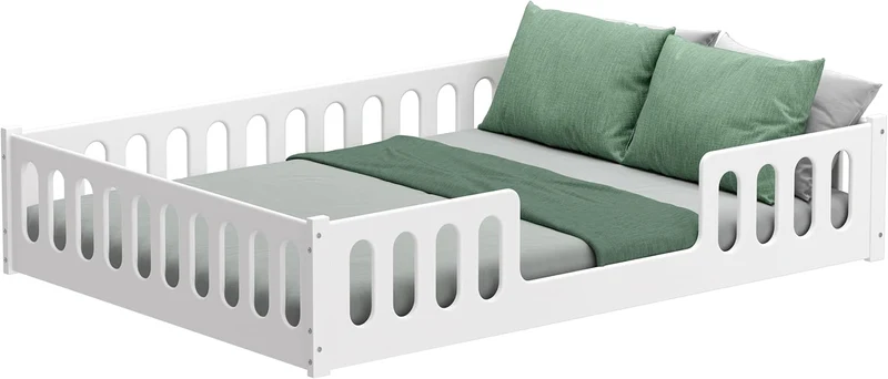 CADANI Monte Montessori Bodenbett Kinderbett mit Rausfallschutz, umbaubar, Massivholz, Roll-Lattenrost, weißh