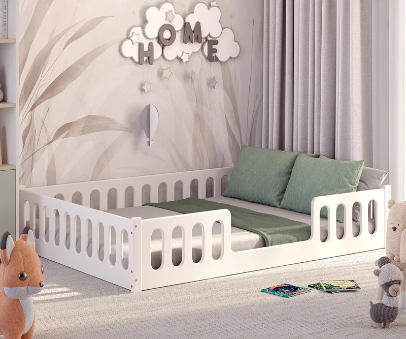 CADANI Monte Montessori Bodenbett Kinderbett mit Rausfallschutz, umbaubar, Massivholz, Roll-Lattenrost, weißh